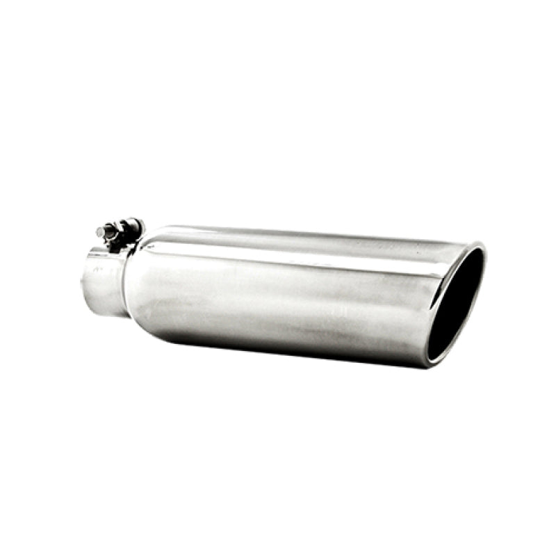 Mirror-polished MBRP T304 stainless steel exhaust tip with 3.5-inch angled cut and rolled edge.