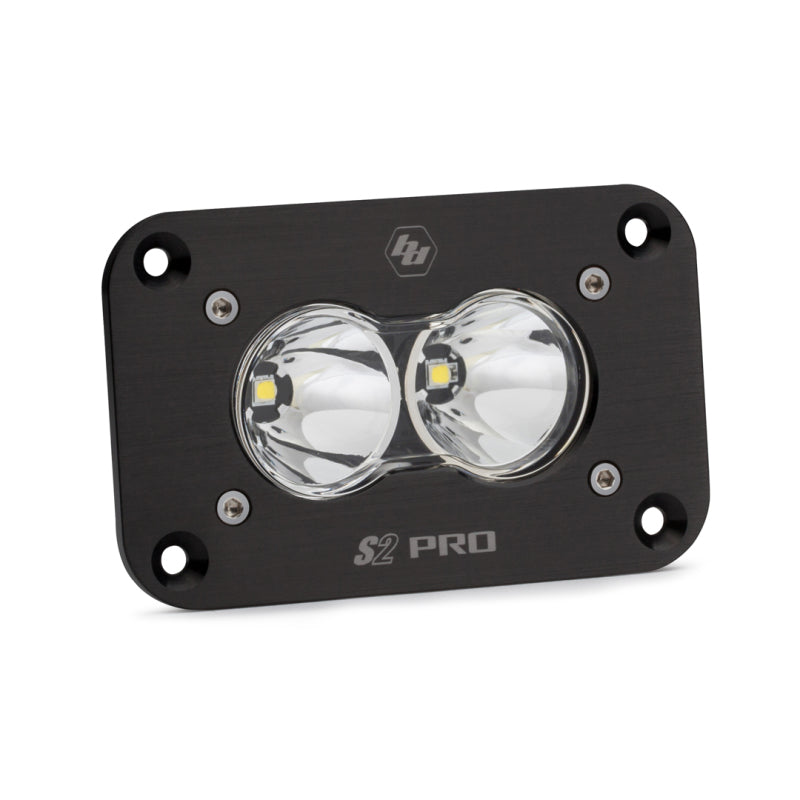 Baja Designs S2 Pro LED spot light with clear lens in a black flush mount housing.