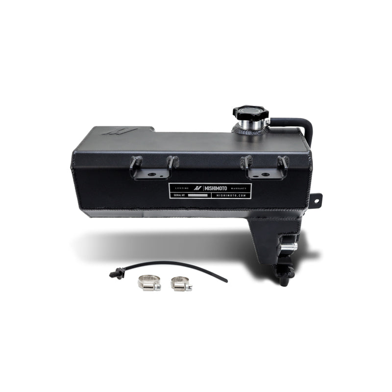 Black powder-coated aluminum Mishimoto expansion tank with integrated sight glass and 1.3 bar radiator cap.
