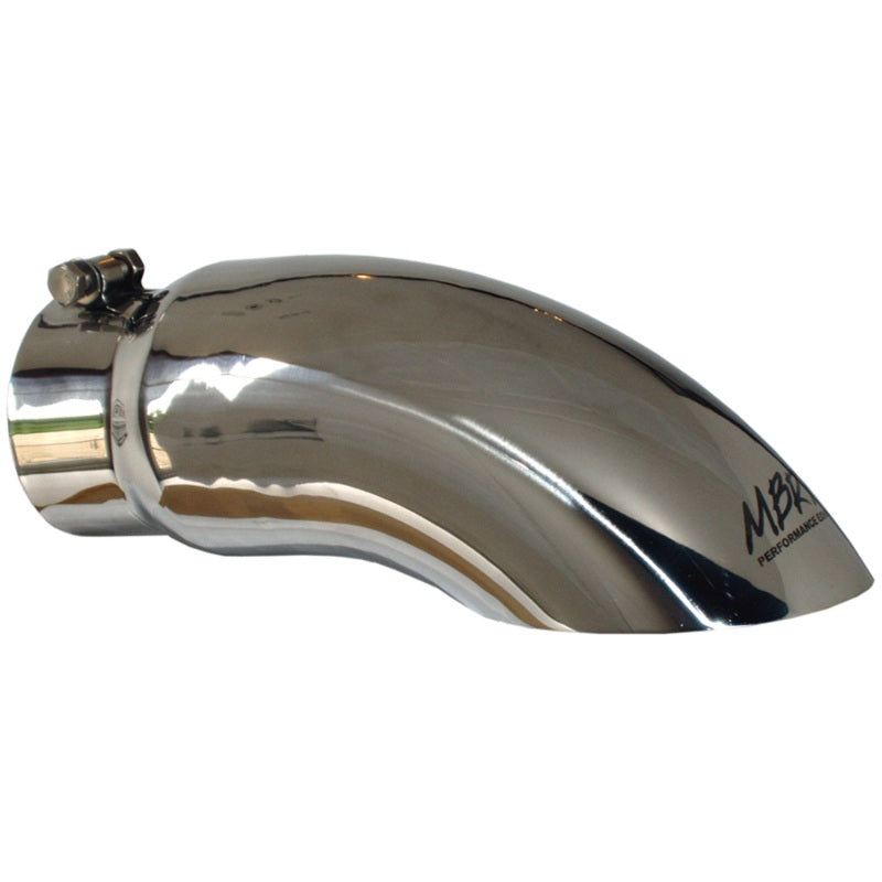 Mirror-polished T304 stainless steel turn-down exhaust tip featuring a 4-inch inlet and 5-inch outlet diameter.