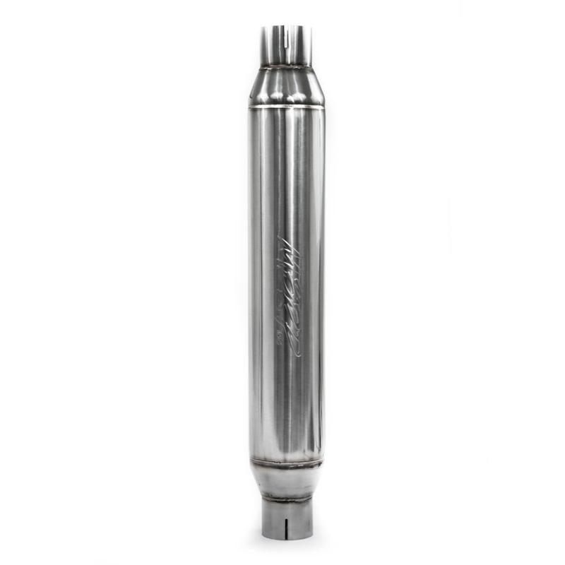 MBRP T304 stainless steel universal resonator with 2.5-inch inlet and outlet, 22-inch body, and 26-inch overall length.