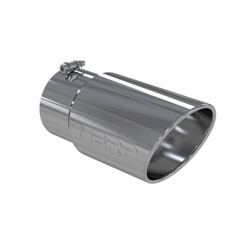 MBRP mirror-polished T304 stainless steel exhaust tip featuring a 6-inch angled rolled end and 5-inch inlet.