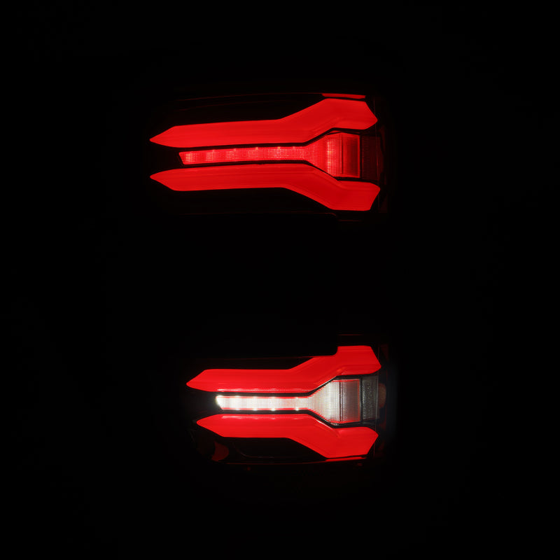 AlphaRex LUXX-Series LED taillights for 2024-2025 Ford F-150 with black-red housing and smoked lens
