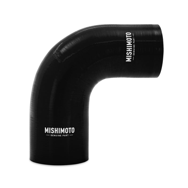Black Mishimoto 90-degree silicone reducer coupler with 2.75-inch and 3-inch openings and 4-ply construction.