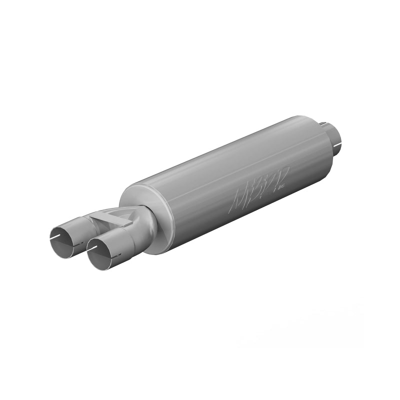 MBRP XP Series T409 stainless steel muffler with a 3-inch inlet and dual 2.5-inch outlets