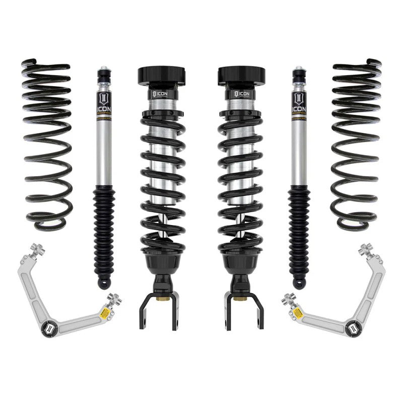 ICON Stage 2 suspension system with 2.5 coilovers, billet aluminum upper control arms, and rear shocks for Ram 1500.