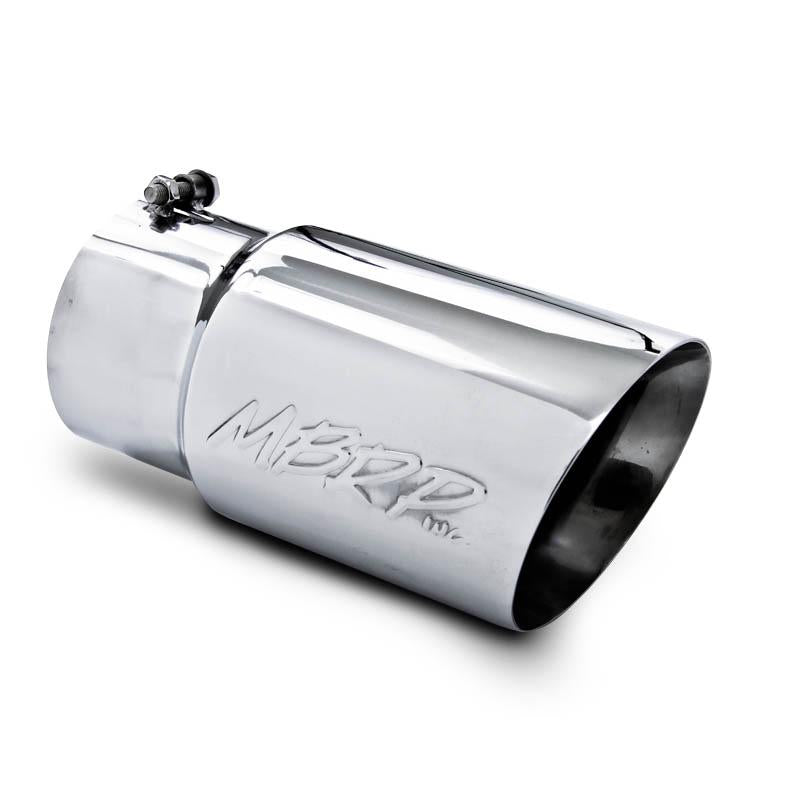 MBRP mirror-polished T304 stainless steel dual-wall angled exhaust tip with 5-inch inlet and 6-inch outlet.