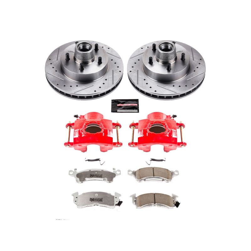 Power Stop Z26 front brake kit featuring red powder-coated calipers, drilled and slotted rotors, and Z26 ceramic pads.