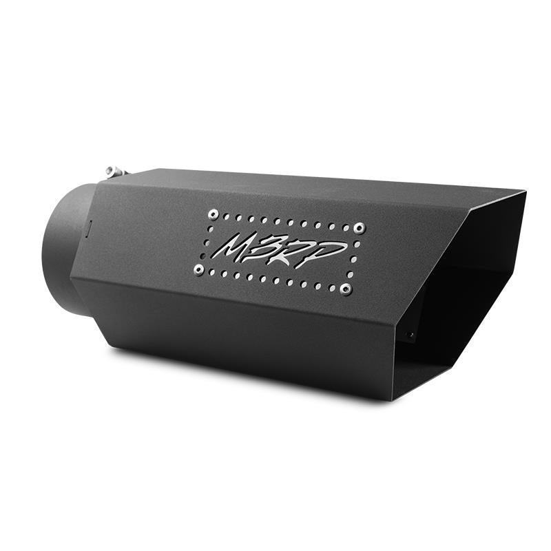 MBRP black coated hexagonal exhaust tip with 5-inch inlet and 16-inch length featuring embossed logo