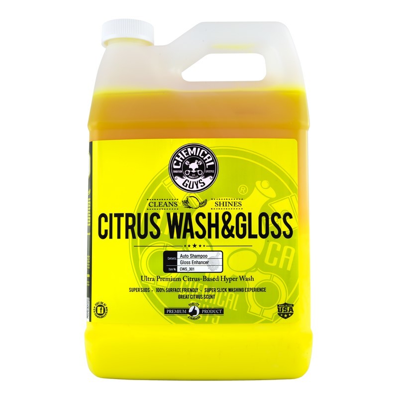 One gallon jug of yellow Chemical Guys Citrus Wash & Gloss car wash soap.