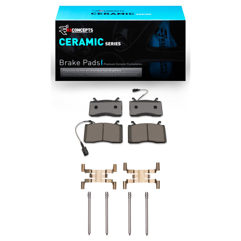 R1 Concepts front ceramic brake pad set with installation hardware for 2017-2025 Alfa Romeo Giulia and Stelvio.