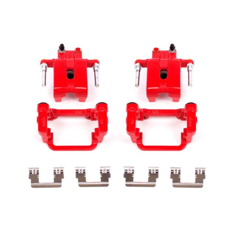 Power Stop S4992 pair of rear red powder-coated brake calipers with mounting brackets and stainless steel hardware.