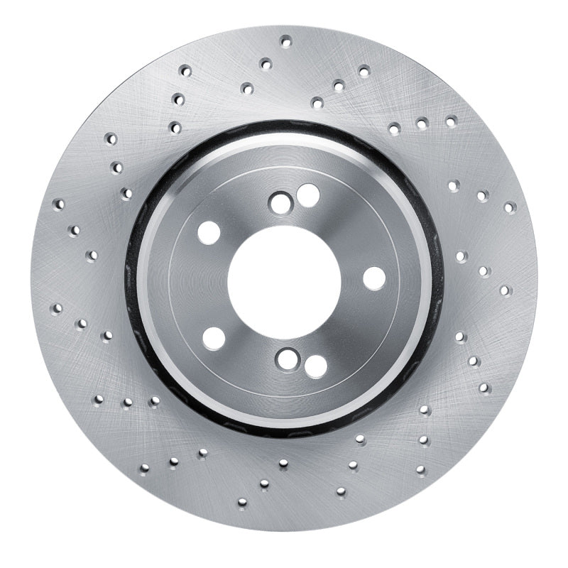 DFC left rear drilled brake rotor featuring cross-drilled ventilation holes and silver finish for BMW M3 performance.