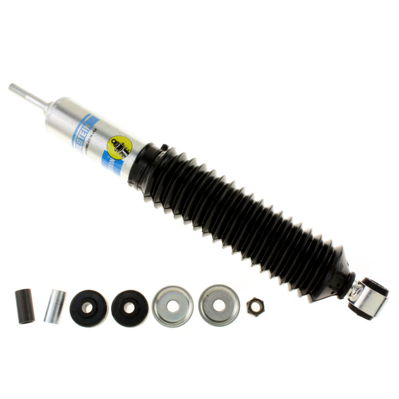 Bilstein B8 5125 series zinc-plated monotube shock absorber with black hourglass bushings.