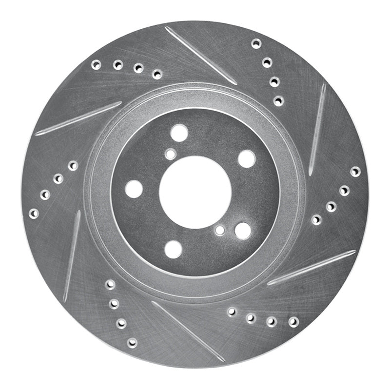Silver drilled and slotted front right brake rotor showing precision ventilation holes and diamond-cut slots.