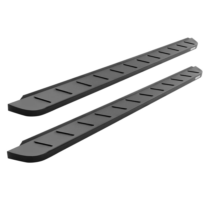Go Rhino RB10 cab-length textured black running boards with louvered step area and boxed-end design.