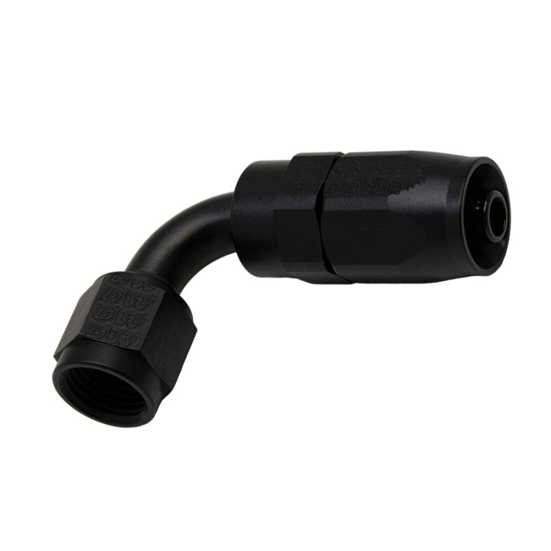 Matte black anodized DeatschWerks -6AN female swivel 90-degree hose end fitting for CPE fuel lines.