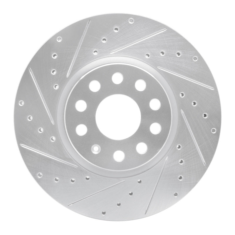 Silver finish front left brake rotor featuring cross-drilled holes and precision-machined slots.