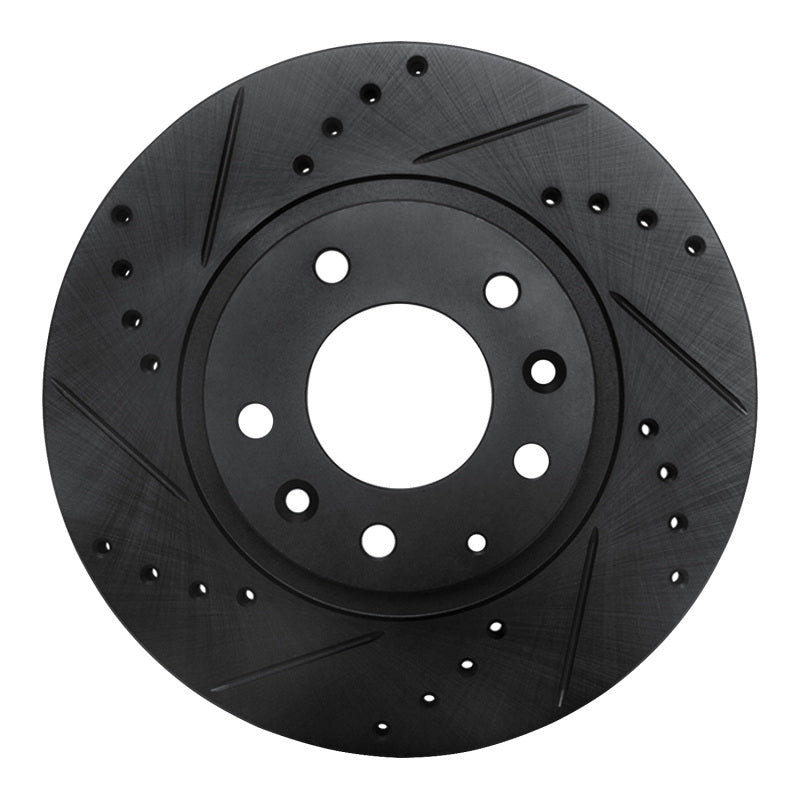 R1 Concepts front left drilled and slotted brake rotor with black anti-corrosion finish