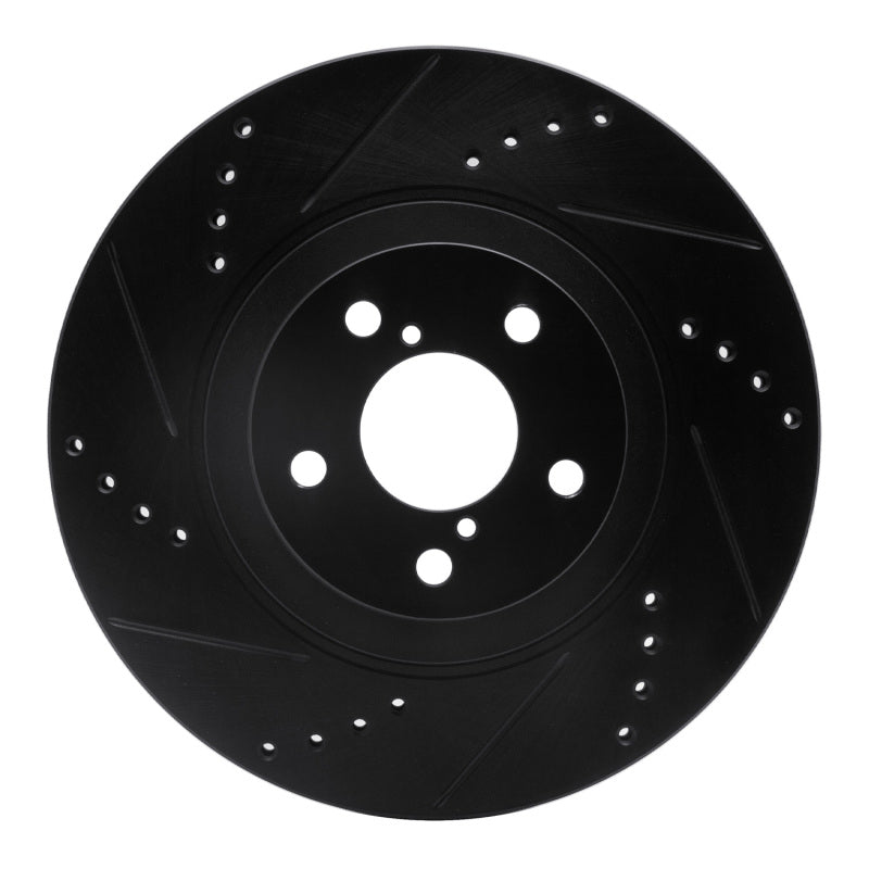 R1 Concepts front left brake rotor featuring a drilled and slotted pattern with a protective black finish.