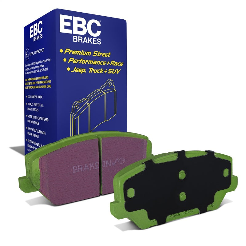 EBC Greenstuff front brake pads with signature green backing plates for 2.0L Hyundai N and Veloster models.