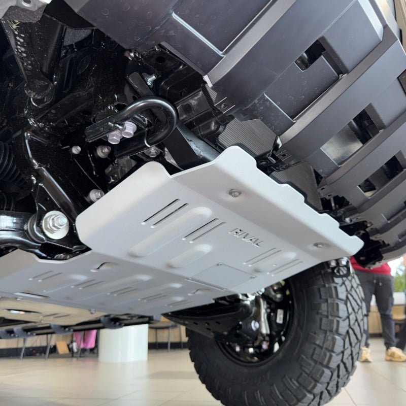 Heavy-duty black steel front crossmember mounting bracket for 2024-2025 Toyota Tacoma engine skid plate installation.
