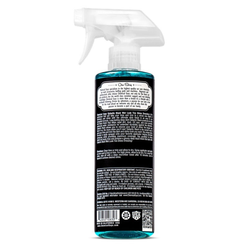16oz bottle of Chemical Guys Galactic Black Wet Tire Shine Coating with spray applicator