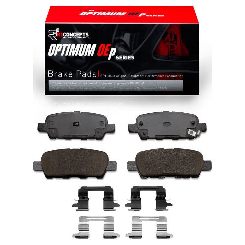 R1 Concepts OPTIMUM OEp rear brake pad set with included stainless steel installation hardware kit.