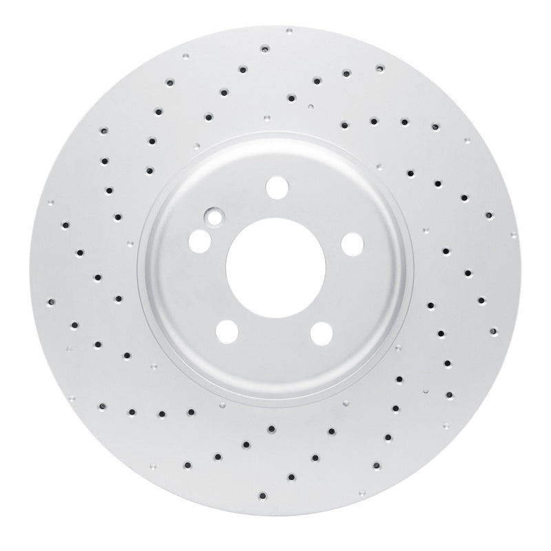 DFC GeoSPEC drilled front brake rotor with protective grey coating and precision machined surface