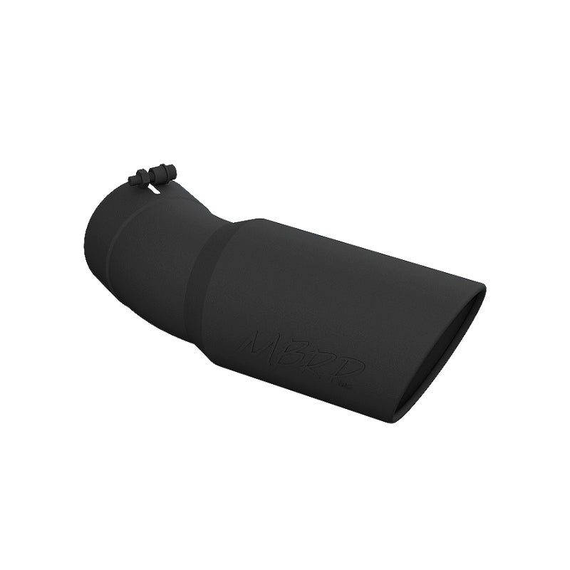 MBRP black T304 stainless steel exhaust tip with 5 inch inlet, 6 inch OD, and 30 degree angled rolled end.