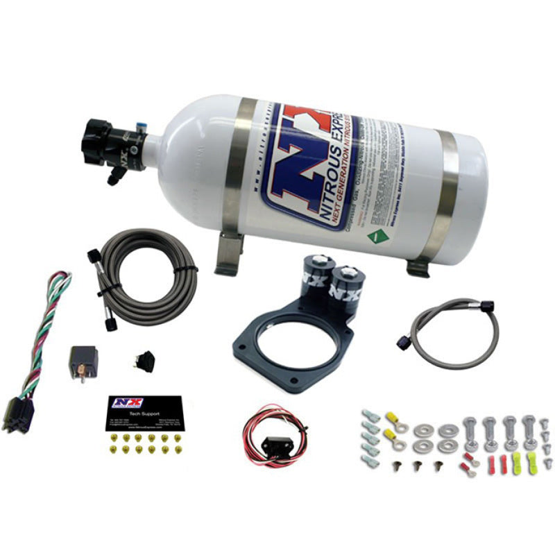 Nitrous Express billet nitrous plate kit with integrated solenoids, 10lb blue bottle, and braided stainless steel lines.