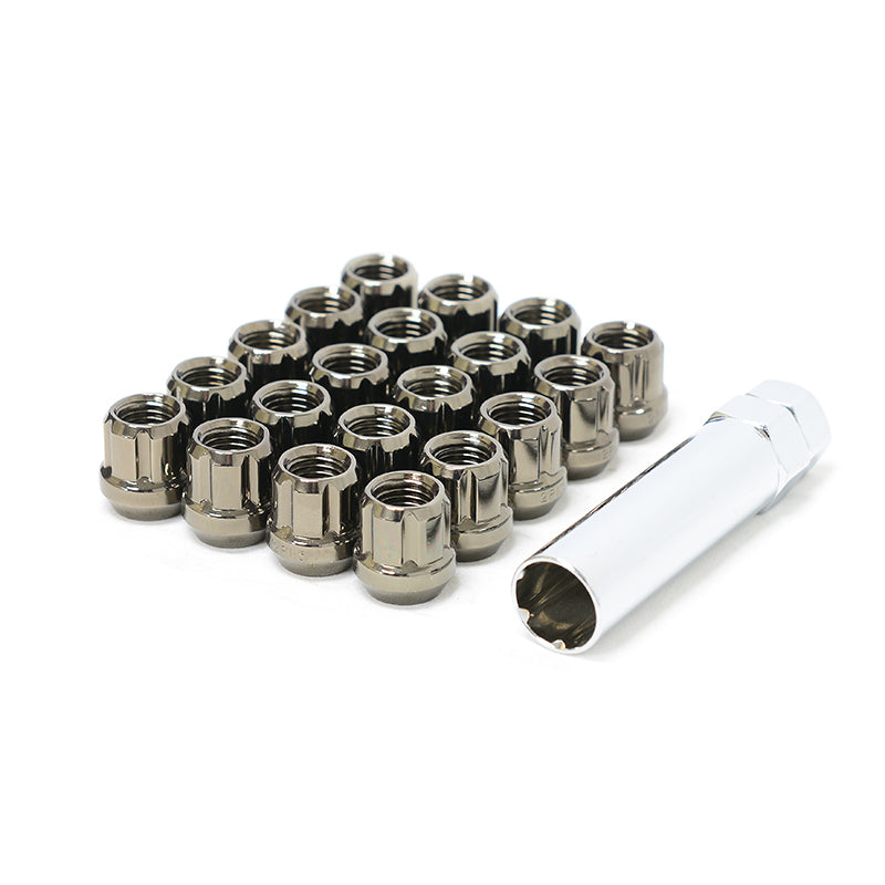 Muteki open-end lug nuts with a titanium finish and 12x1.25 thread pitch shown in a set.
