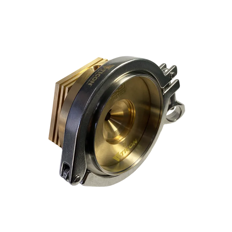 Machined tellurium copper 3-inch V-band heat sink tool with integrated gas purge port and Ticon Industries branding