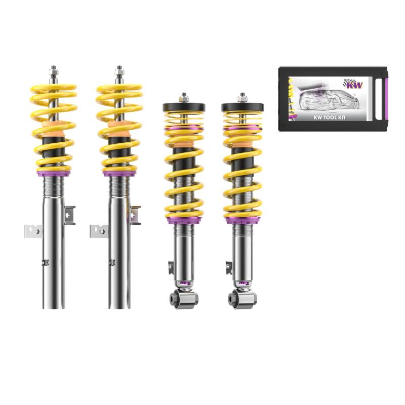 KW V3 Coilover Kit featuring stainless steel Inox-Line damper housings and adjustable purple lowering springs.