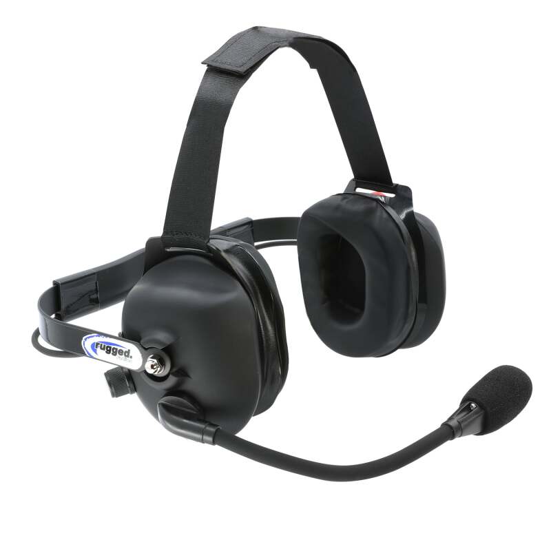 Rugged Radios H43 black rubberized behind-the-head two-way radio headset with noise-canceling boom microphone.
