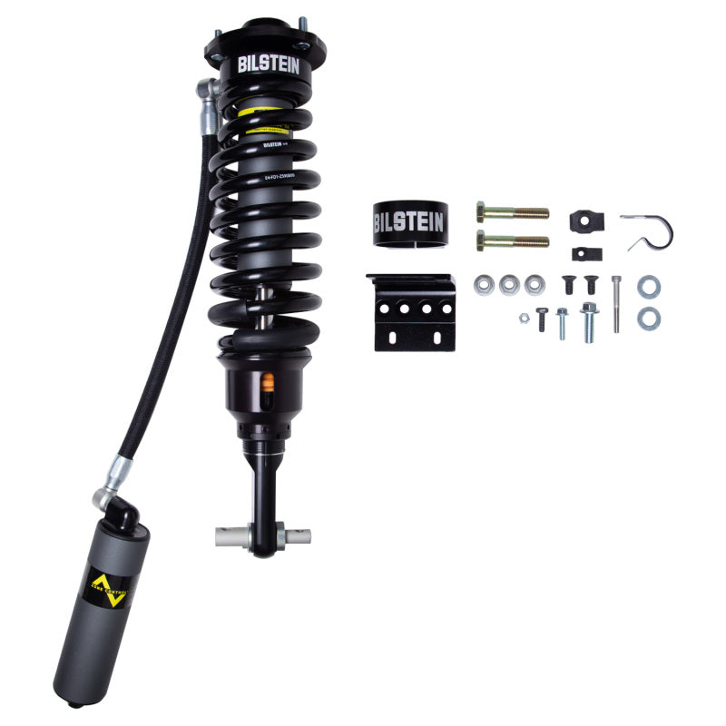 Bilstein B8 8112 ZoneControl CR front left coilover shock with remote reservoir and black anodized chassis mount.