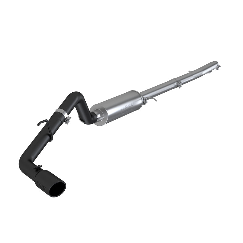 MBRP ARMOR BLK 3 inch aluminized steel cat-back exhaust system with a 4 inch black powder coated side exit tip.