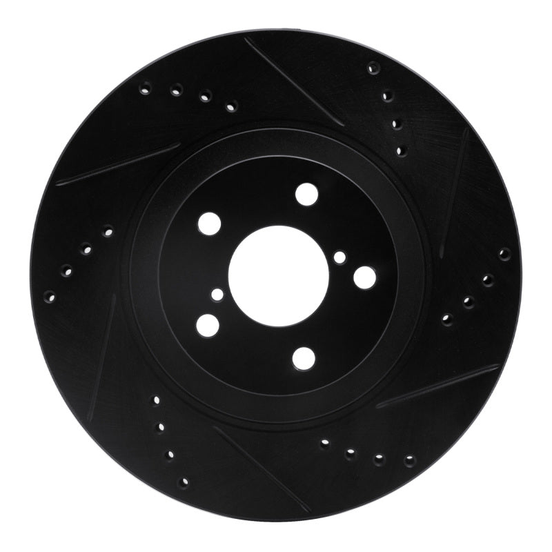 Front right drilled and slotted brake rotor with black anti-corrosion finish