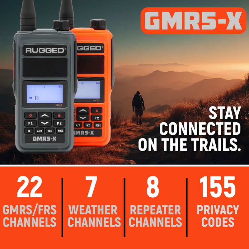 Pair of orange Rugged Radios GMR5-X 5W GMRS handheld radios with extended batteries