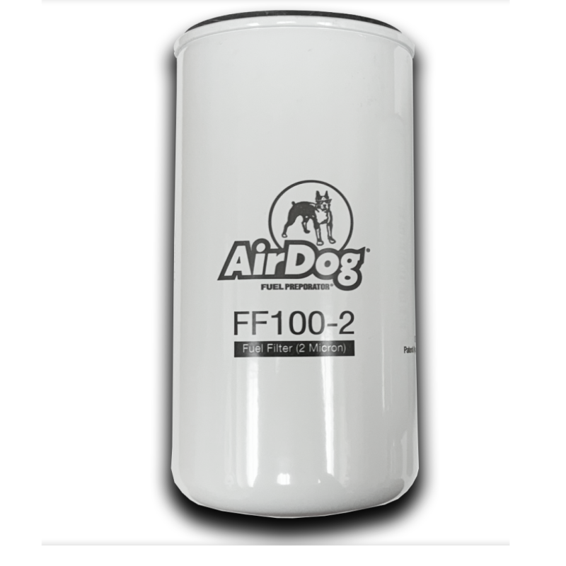 White spin-on replacement 2-micron fuel filter for PureFlow AirDog and AirDog II fuel systems.