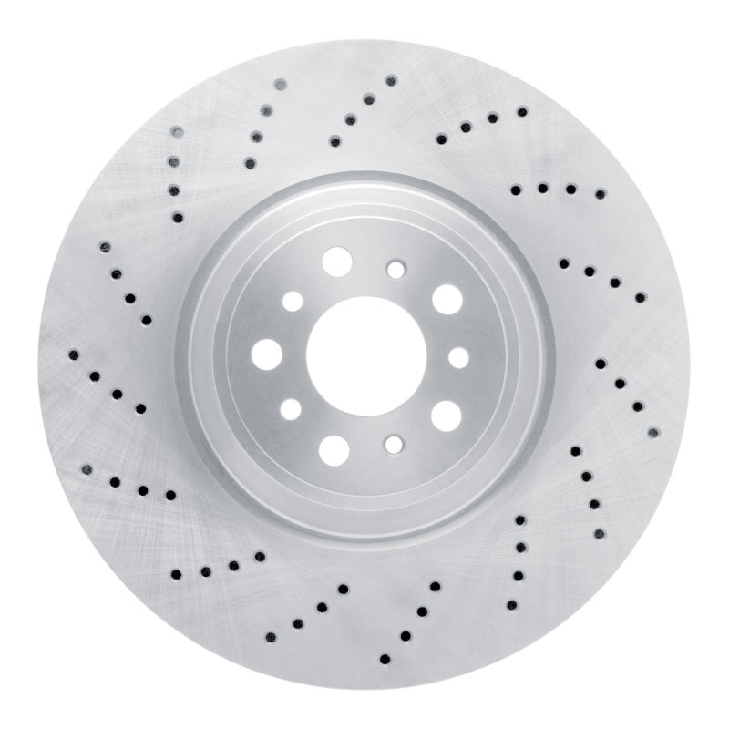 DFC left front drilled brake rotor with CNC-machined G3000 iron casting showing cross-drilled pattern.