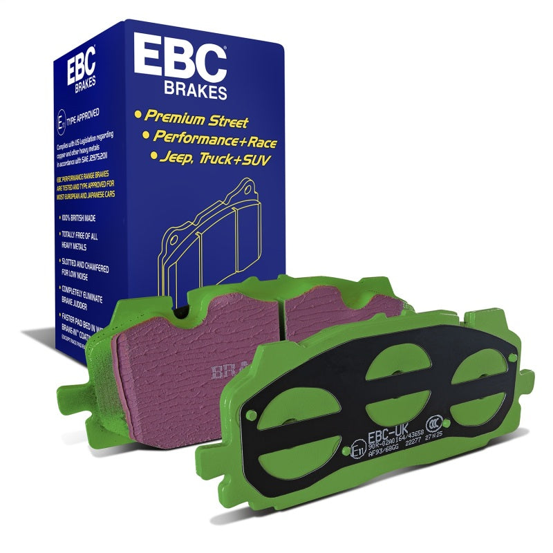 EBC Greenstuff DP22277 front brake pad set featuring green friction material and black backing plates.