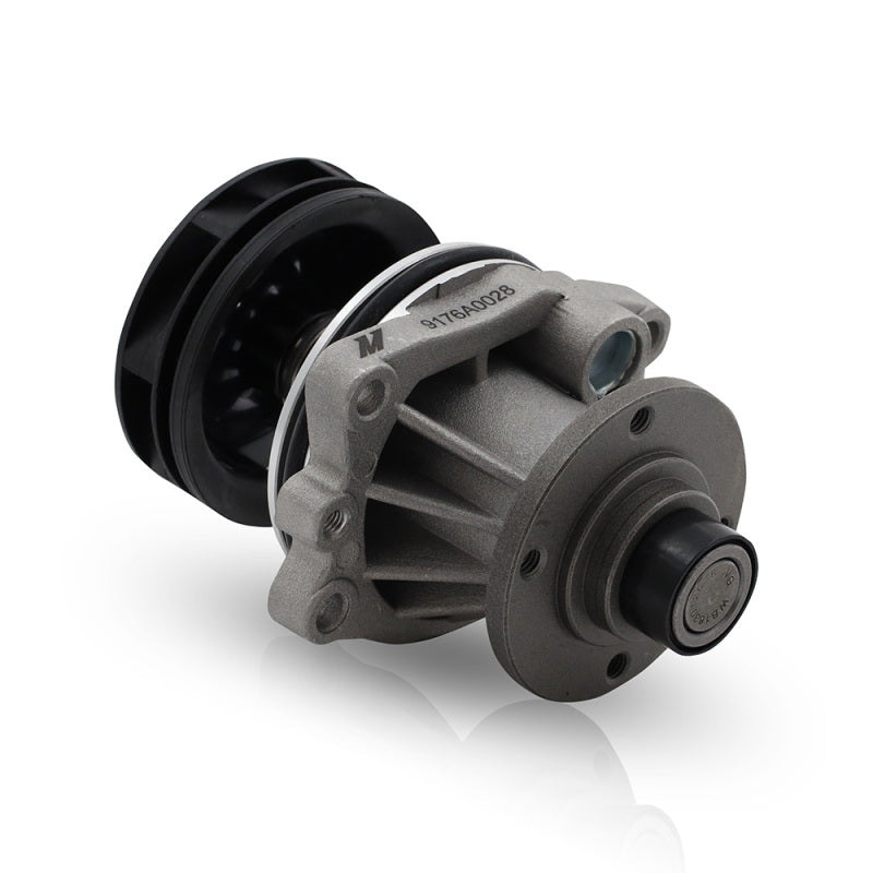 Mishimoto cast-aluminum engine water pump for BMW featuring a metal impeller and replacement O-ring.