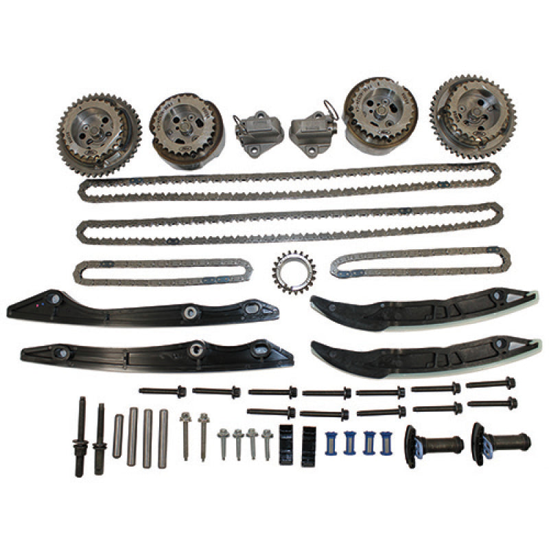 Ford Racing camshaft drive kit featuring timing chains, phasers, forged sprocket, and tensioner guides.