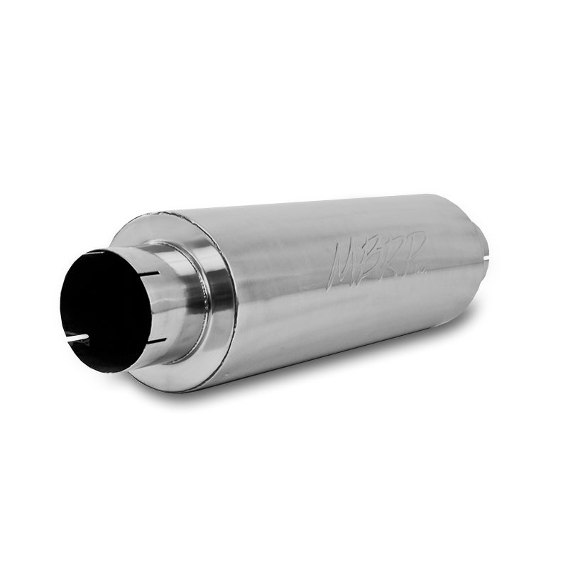 MBRP Quiet Tone universal diesel muffler with 5-inch inlet and outlet and a large 8-inch diameter body.