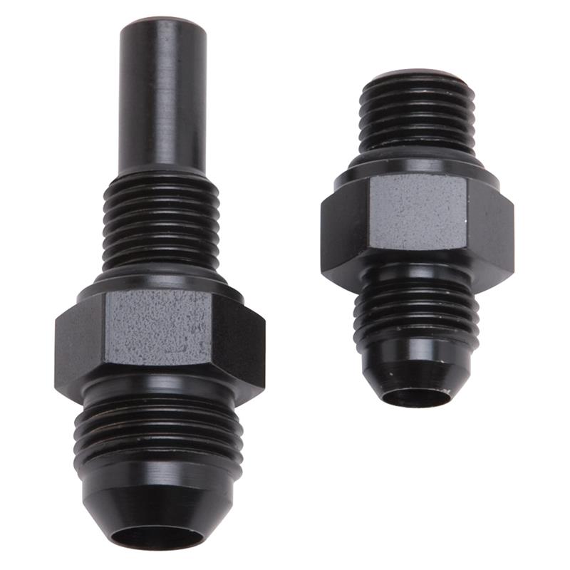 Two Russell Performance black zinc steel adapter fittings for -6 AN to 4L80 transmission ports.
