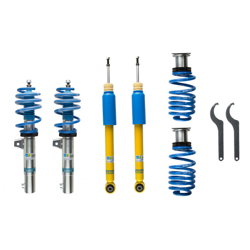 Bilstein B14 PSS performance suspension kit featuring front and rear threaded monotube struts and blue coil springs.