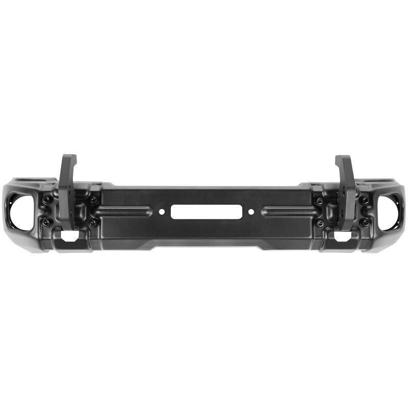 Satin black Rugged Ridge Arcus stubby front bumper with winch tray and 1-inch recovery hooks for Jeep Wrangler JK
