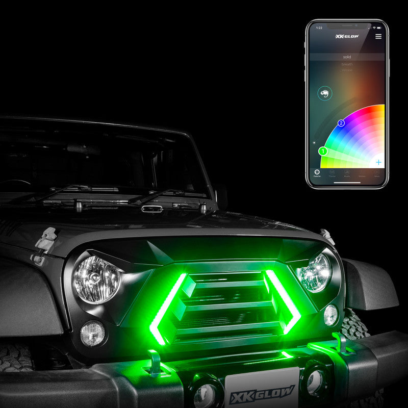 XK Glow XKCHROME LED grill lighting kit including waterproof light strips and Bluetooth controller for Jeep Wrangler JK.