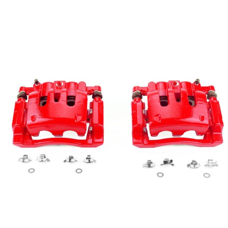 Pair of Power Stop S5076 red powder coated rear brake calipers with mounting brackets for Ford F-250 and F-350 Super Duty.